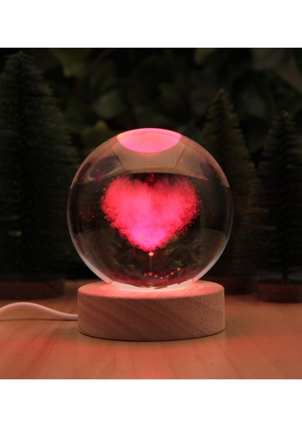 Kalp 3 Boyutlu Kristalleşmiş Cam Işıklı ve Ahşap Standlı Küre Büyük Boy