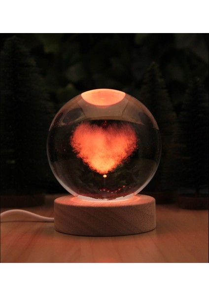 Kalp 3 Boyutlu Kristalleşmiş Cam Işıklı ve Ahşap Standlı Küre Büyük Boy modelleri