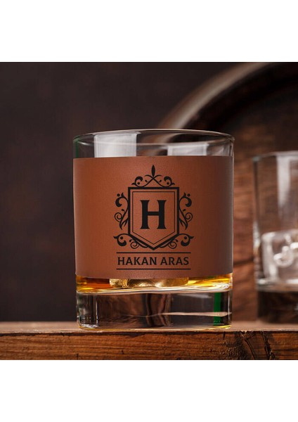 Isim ve Baş Harfli Taba Deri Kaplı Viski Bardağı
