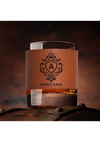 Orijinal Isim ve Baş Harfli Taba Deri Kaplı Viski Bardağı