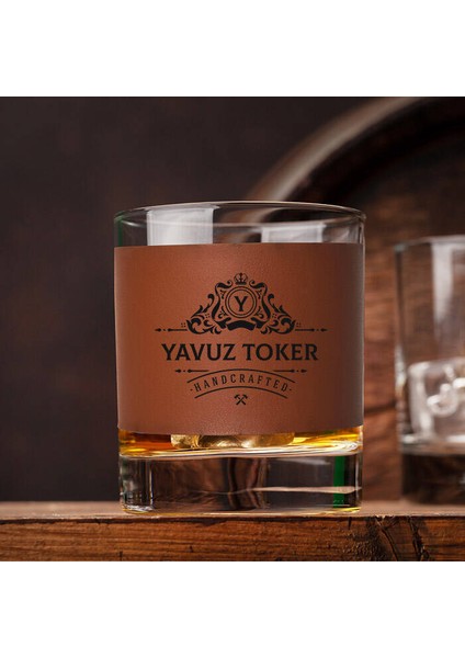 Premium Tasarımlı Isimli Taba Deri Kaplı Viski Bardağı