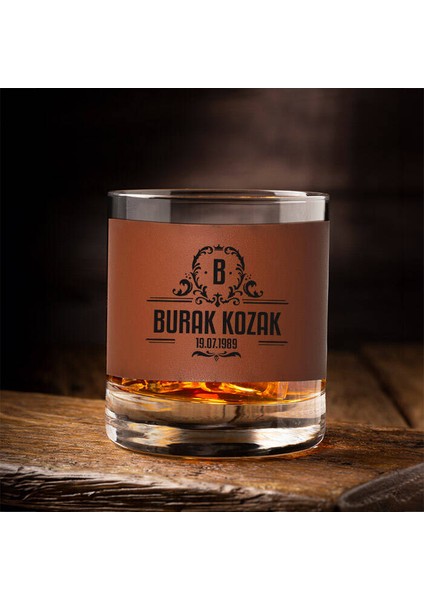 Premium Isim ve Baş Harfli Viski Bardağı Taba Derili
