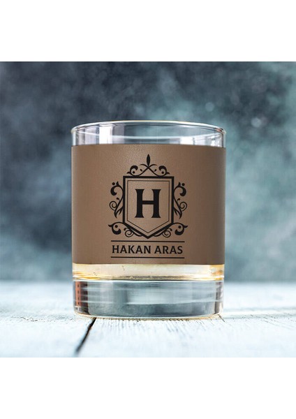 Isim ve Baş Harfli Vizon Deri Kaplı Viski Bardağı