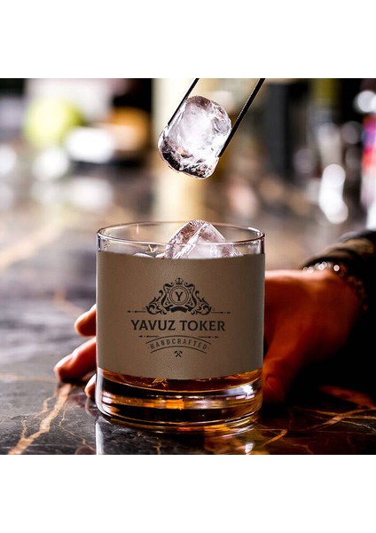 Premium Tasarımlı Isimli Vizon Deri Kaplı Viski Bardağı