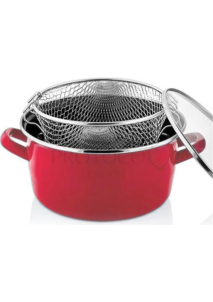 Lüks Italyan Emaye Fritöz Kızartma Tenceresi 22 cm 3,5 Litre - Kırmızı