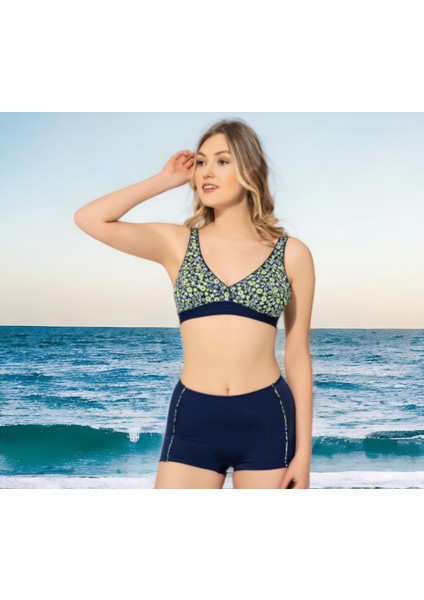 Kruvaze Desenli Şortlu Büyük Beden Bikini