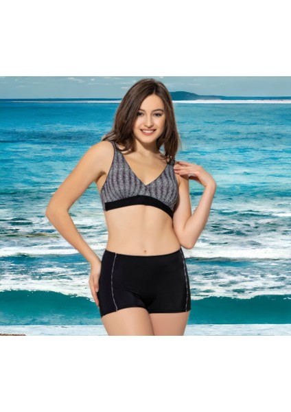 Kruvaze Desenli Şortlu Büyük Beden Bikini