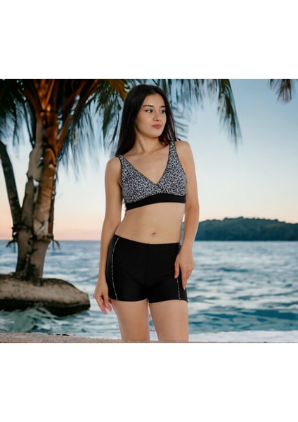 Kruvaze Desenli Şortlu Büyük Beden Bikini