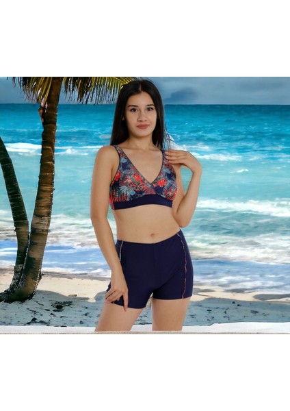 Kruvaze Desenli Şortlu Büyük Beden Bikini