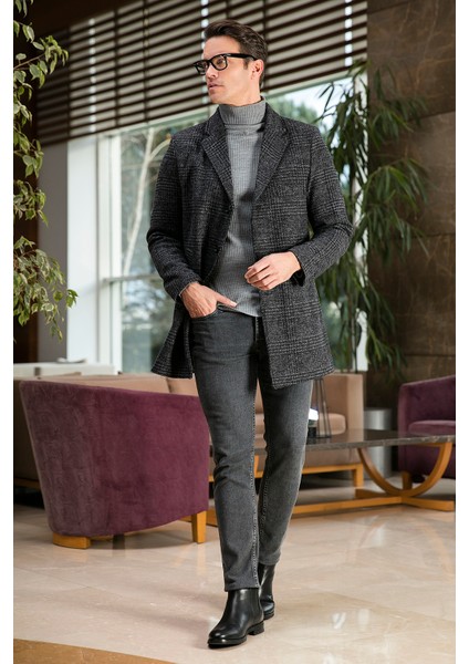 Slim Fit Tek Yırtmaçlı Düğmeli Mono Yaka Kaşe Kaban Erkek Kaban 5840098