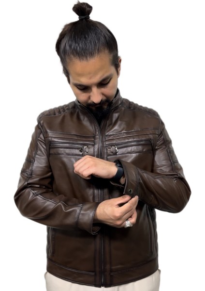 Erkek Bel ve Omuz Detaylı Hakiki Deri Mont modelleri