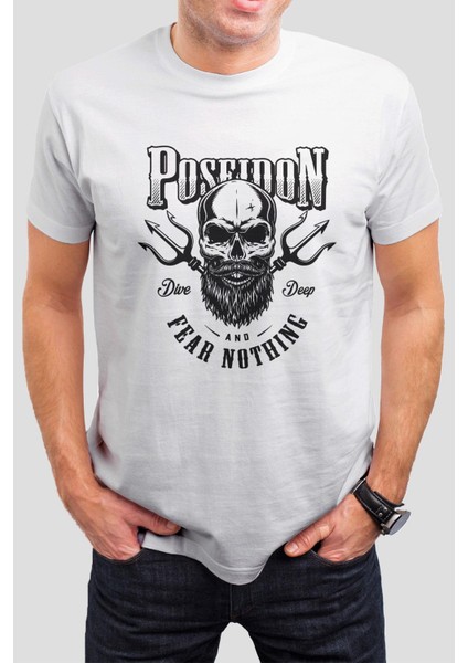 Poseidon Baskılı Beyaz Unisex Tişört C274