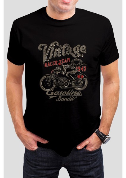 Vintage Motor Baskılı Siyah Unisex Tişört C277