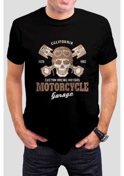 California Motorcu Kuru Kafa Baskılı Siyah Unisex Tişört C280