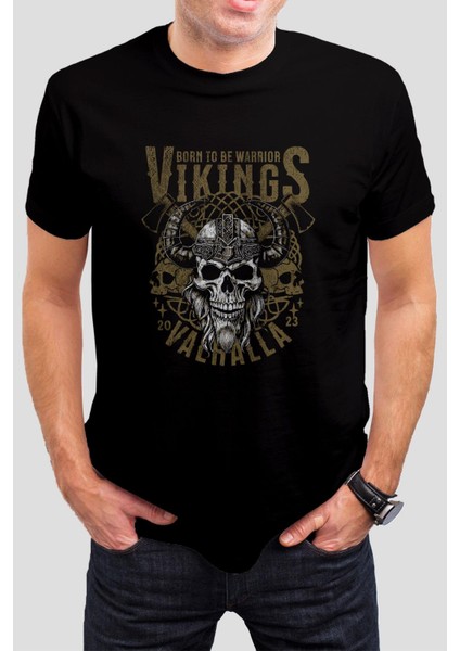 Viking Kuru Kafa Baskılı Siyah Unisex Tişört C288