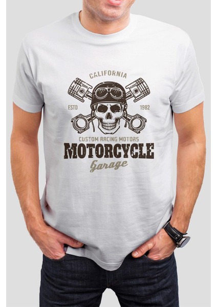 Motorcu Kuru Kafa Baskılı Beyaz Unisex Tişört C289