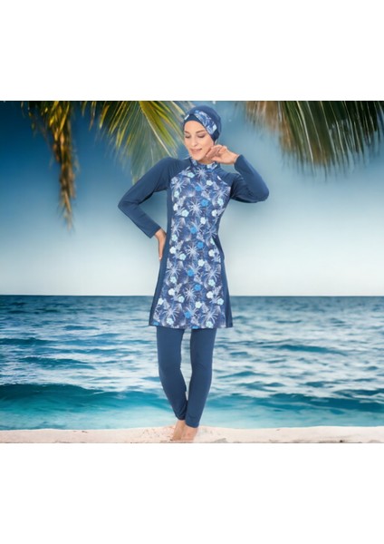 Uzun Kollu Palmiye Desenli Esnek Tam Tesettür