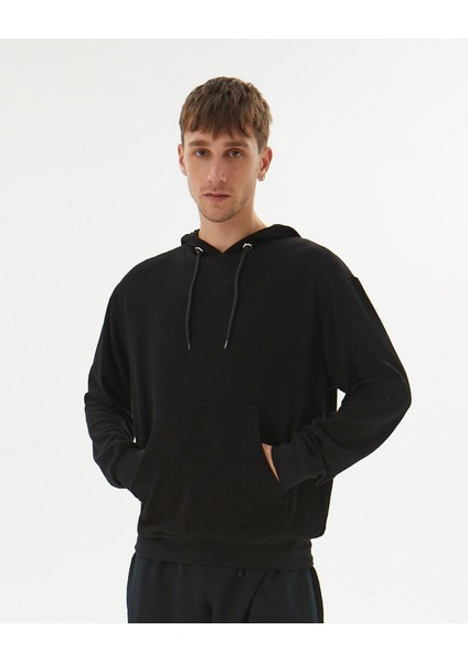 Siyah Erkek Fitilli Kapşonlu Hoodie