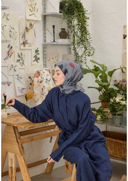 Isla Desen Pamuk Ipek Eşarp Mavi