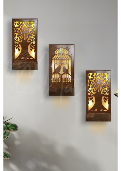 Ahşap 3 Lü Set Piller Dahil Peri Ledli Masif Ahşap Tablo Ev Hediyesi Hol Antre Gece Lamba 36X18 Duv