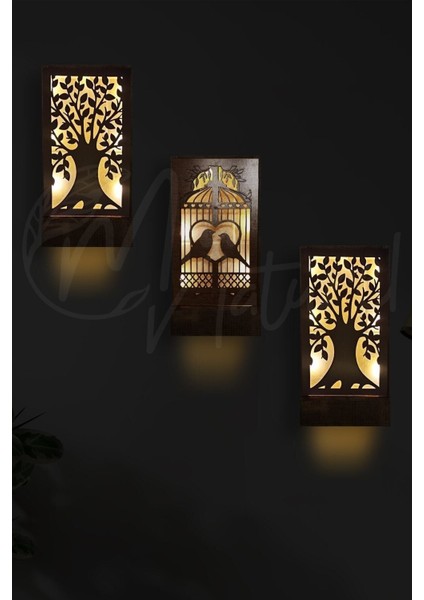 Ahşap 3 Lü Set Piller Dahil Peri Ledli Masif Ahşap Tablo Ev Hediyesi Hol Antre Gece Lamba 36X18 Duv