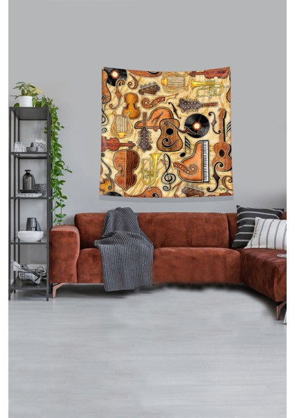 Turuncu Müzik Aletleri Leke Tutmaz Kadife Kumaş Duvar Örtüsü Duvar Halısı Tapestry