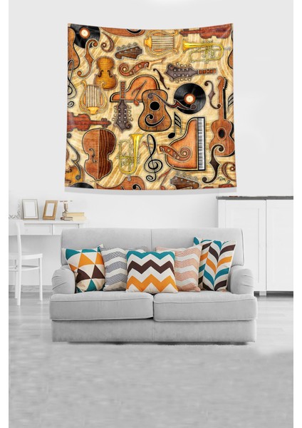 Turuncu Müzik Aletleri Leke Tutmaz Kadife Kumaş Duvar Örtüsü Duvar Halısı Tapestry modelleri