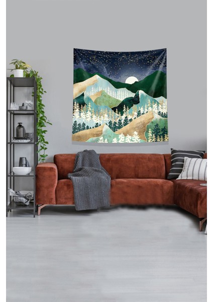 Yeşil Dağın Ardındaki Ay Leke Tutmaz Kadife Kumaş Duvar Örtüsü Duvar Halısı Tapestry