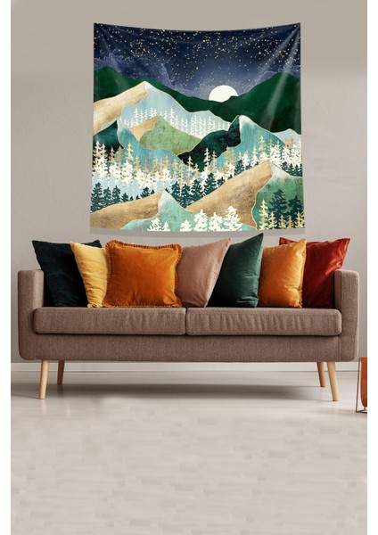 Yeşil Dağın Ardındaki Ay Leke Tutmaz Kadife Kumaş Duvar Örtüsü Duvar Halısı Tapestry fiyatları