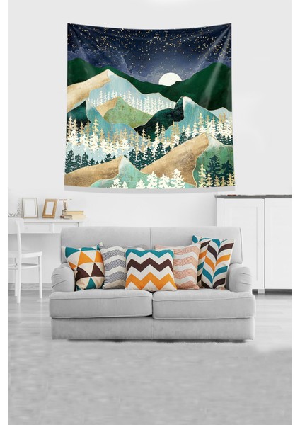 Yeşil Dağın Ardındaki Ay Leke Tutmaz Kadife Kumaş Duvar Örtüsü Duvar Halısı Tapestry modelleri