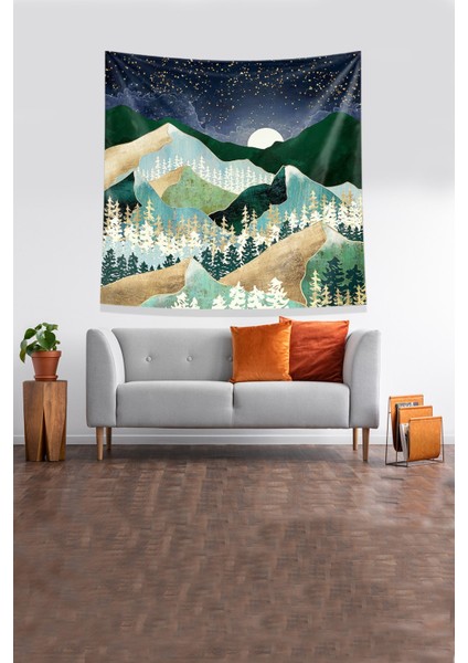 Yeşil Dağın Ardındaki Ay Leke Tutmaz Kadife Kumaş Duvar Örtüsü Duvar Halısı Tapestry fırsatları