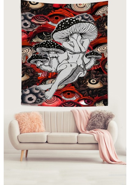 Mantar Kız Yıkanabilir Leke Tutmaz Kumaş Duvar Örtüsü Duvar Halısı Tapestry