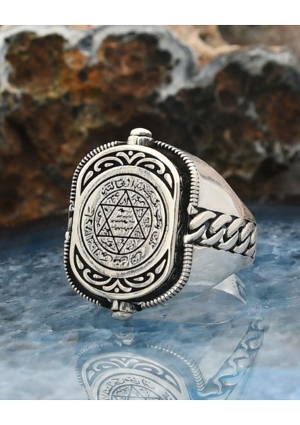 Gümüş Hz. Süleyman Mührü ve Zirkon Siyah Taşlı Çift Tarafli 925 Ayar Gümüş Erkek Yüzüğü