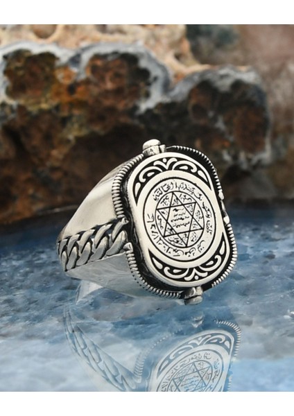 Gümüş Hz. Süleyman Mührü ve Zirkon Siyah Taşlı Çift Tarafli 925 Ayar Gümüş Erkek Yüzüğü modelleri