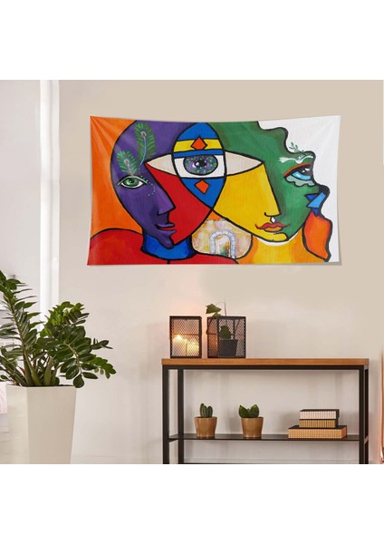 Kübik Çizim Portre Leke Tutmaz Kadife Dokulu Kumaş Duvar Örtüsü Duvar Halısı Tapestry