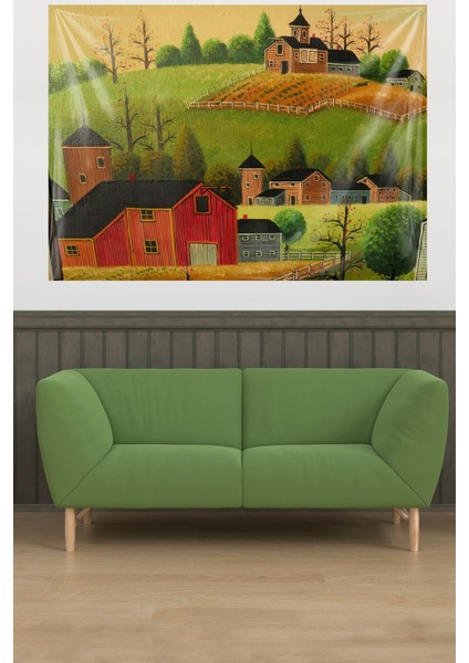 Köy Evleri Tablo Desen Leke Tutmaz Kadife Kumaş Duvar Örtüsü Duvar Halısı Tapestry fiyatları