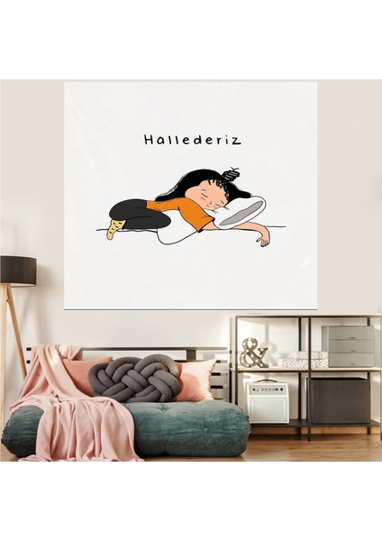 Hallederiz Temalı Leke Tutmaz Kadife Dokulu Kumaş Duvar Örtüsü Duvar Halısı Tapestry