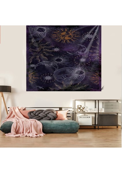 Güneş ve Ay Gökyüzü Leke Tutmaz Kadife Dokulu Kumaş Duvar Örtüsü Duvar Halısı Tapestry