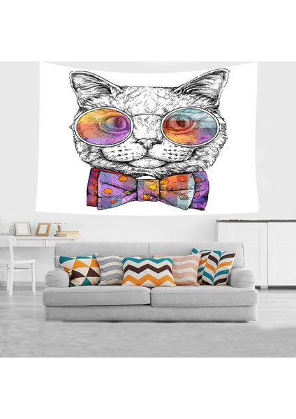 Kedi Desenli Sevimli Gözlüklü Kedi Leke Tutmaz Kadife Doku Kumaş Duvar Örtüsü Duvar Halısı Tapestry