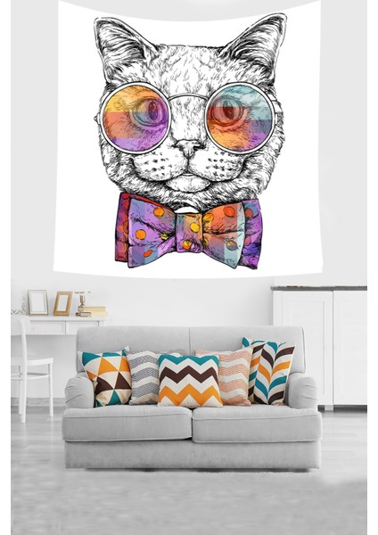 Kedi Desenli Sevimli Gözlüklü Kedi Leke Tutmaz Kadife Doku Kumaş Duvar Örtüsü Duvar Halısı Tapestry fiyatları