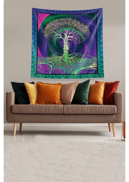 Multirenk Hayat Ağacı Leke Tutmaz Kadife Kumaş Duvar Örtüsü Duvar Halısı Tapestry
