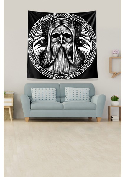 Siyah Viking Tanrısı Leke Tutmaz Kadife Kumaş Duvar Örtüsü Duvar Halısı Tapestry