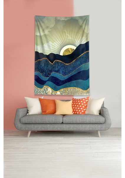 Sarı Güneşin Doğuşu Sunset Leke Tutmaz Kadife Kumaş Duvar Örtüsü Duvar Halısı Tapestry