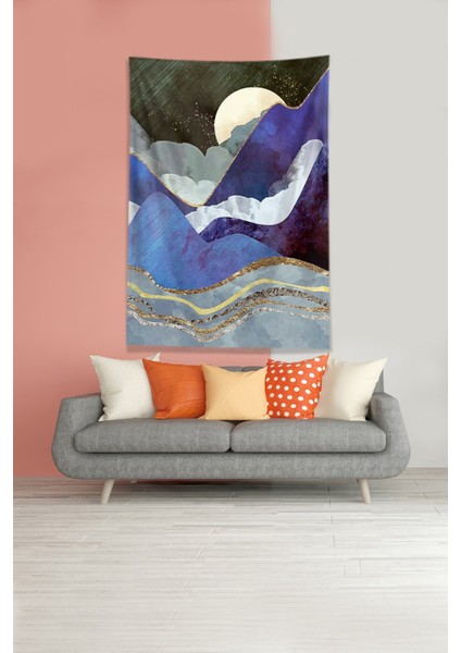 Mavi Ay Tutulması Leke Tutmaz Kadife Kumaş Duvar Örtüsü Duvar Halısı Tapestry