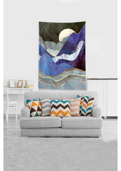 Mavi Ay Tutulması Leke Tutmaz Kadife Kumaş Duvar Örtüsü Duvar Halısı Tapestry