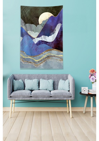 Mavi Ay Tutulması Leke Tutmaz Kadife Kumaş Duvar Örtüsü Duvar Halısı Tapestry