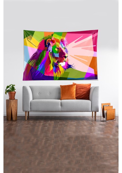 Çok Renkli Aslan Desenli Leke Tutmaz Kadife Kumaş Duvar Örtüsü Duvar Halısı Tapestry