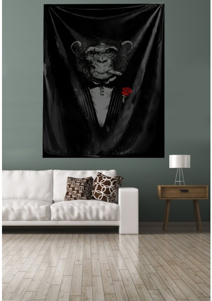 Puro Içen Smokinli Maymun Leke Tutmaz Kadife Kumaş Duvar Örtüsü Duvar Halısı Tapestry