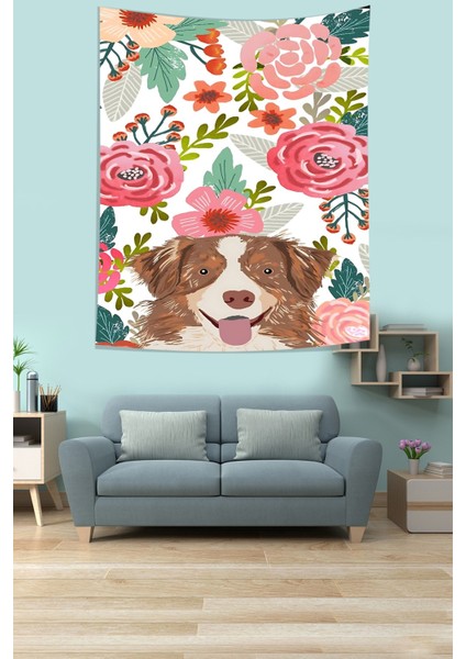 Suluboya Çiçekler ve Sevimli Köpek Leke Tutmaz Kumaş Duvar Örtüsü Duvar Halısı Tapestry