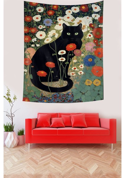 Çiçekler Içerisindeki Siyah Kedi Leke Tutmaz Kumaş Duvar Örtüsü Duvar Halısı Tapestry